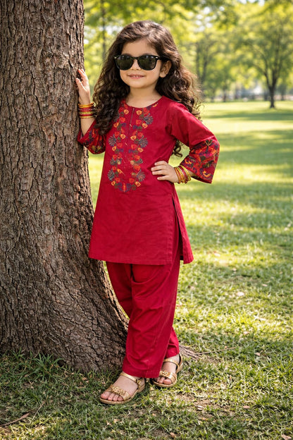 Red Kurta Shalwar Embroidered