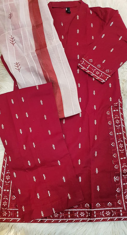 Red Embroidery lawn 3 PC suit
