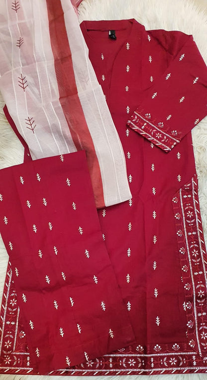 Red Embroidery lawn 3 PC suit